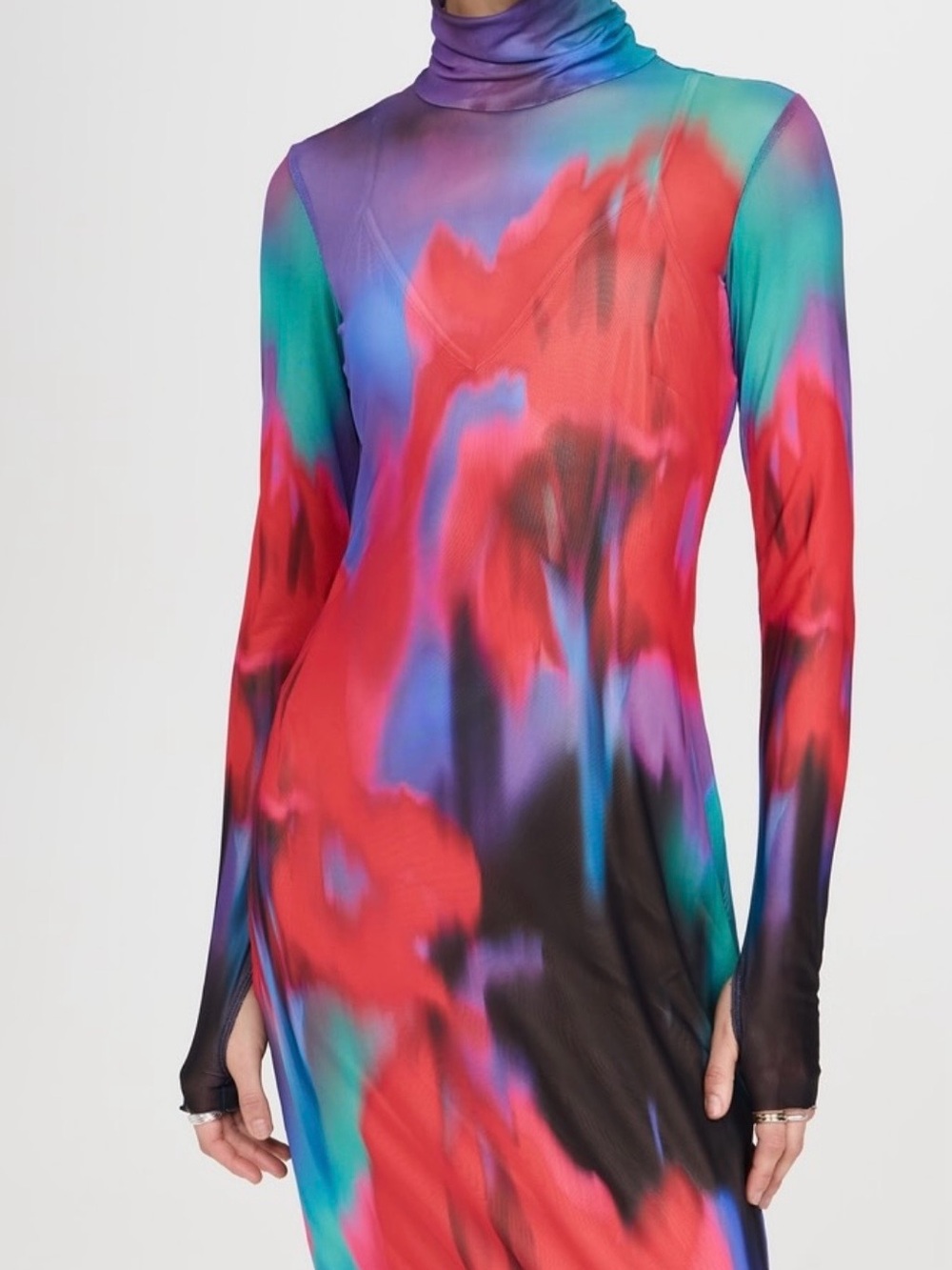AFRM Shailene Dress Multicolor Turtleneck Long Sleeve Mesh Midi